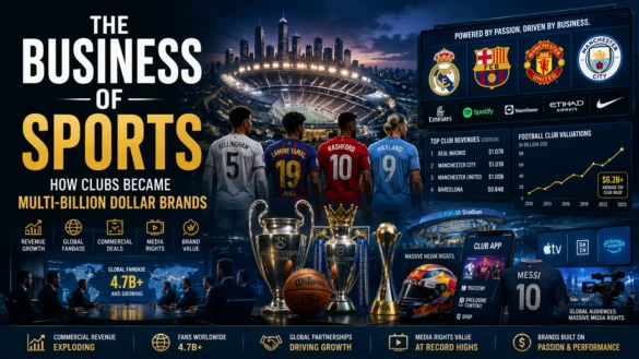 Business of sports infographic showing how major sports clubs evolved into multi-billion-dollar global brands through media rights, sponsorships, and fan engagement