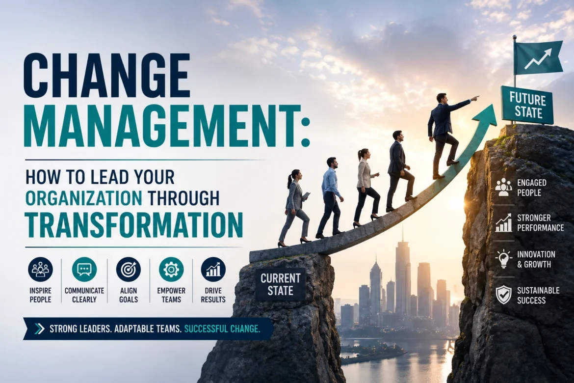 Business leaders guiding an organization through change management and digital transformation toward improved performance and sustainable growth.