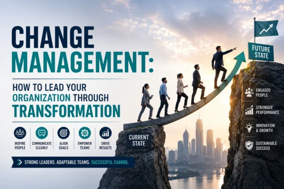 Business leaders guiding an organization through change management and digital transformation toward improved performance and sustainable growth.
