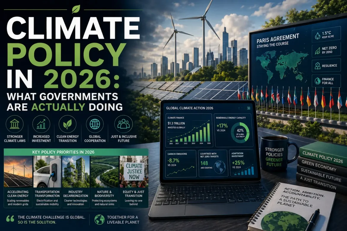 Climate policy in 2026 featuring renewable energy projects, government sustainability initiatives, and global climate action dashboard.