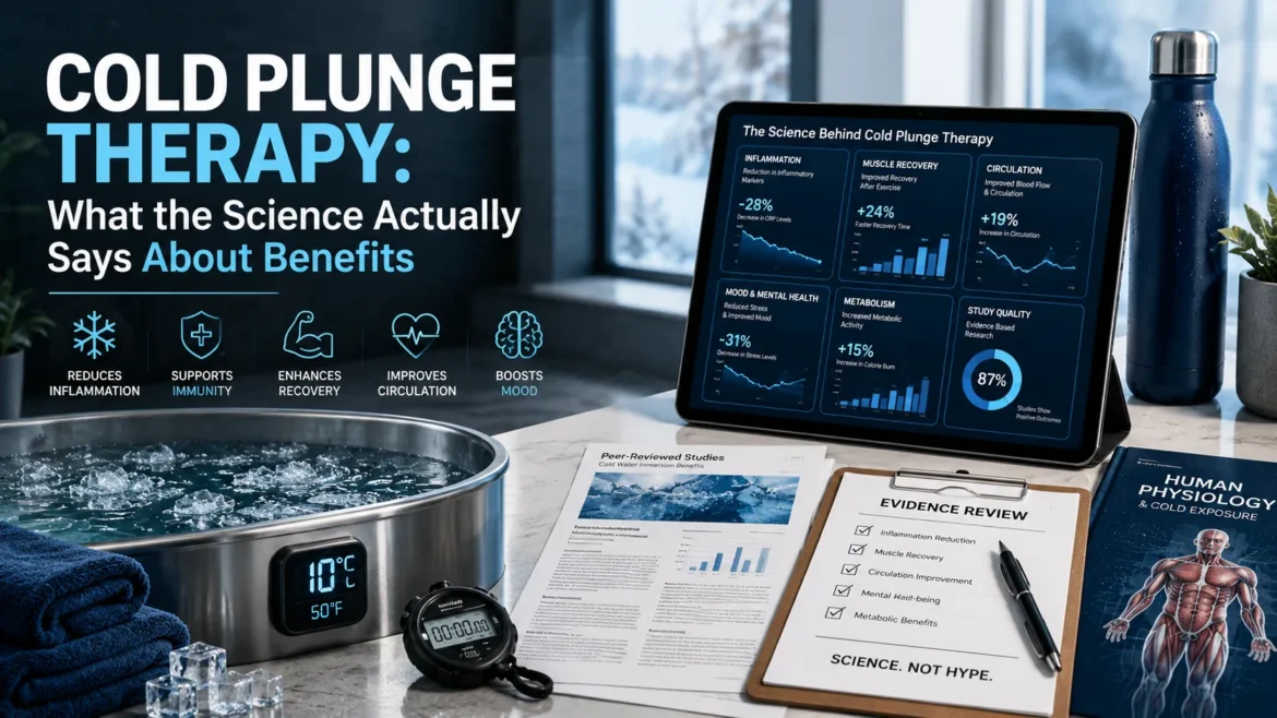 Cold plunge therapy setup with scientific research dashboard explaining evidence-based benefits including recovery, circulation, inflammation, and mental well-being.