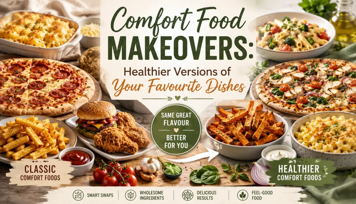 Healthy comfort food makeover featuring nutritious versions of classic favourite dishes including pizza, pasta, fries, and mac and cheese
