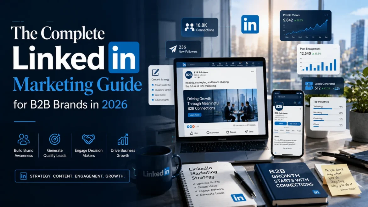 LinkedIn marketing dashboard for B2B brands showcasing content strategy, lead generation, audience growth, and engagement analytics in 2026.