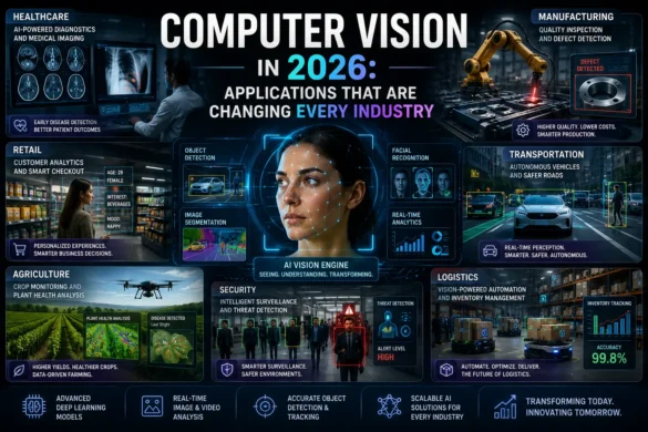 Computer vision AI analyzing healthcare, manufacturing, retail, transportation, agriculture, security, and logistics applications across industries in 2026