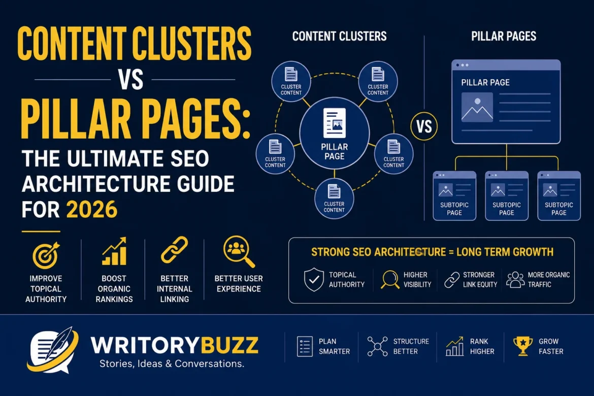 Comparison of content clusters and pillar pages showing the ideal SEO architecture for improving topical authority and search rankings in 2026.