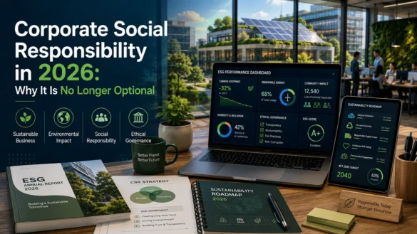 Corporate Social Responsibility in 2026 dashboard showing ESG metrics, sustainability reporting, ethical governance, renewable energy initiatives, and community impact.