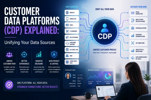 Customer Data Platform (CDP) infographic showing how multiple customer data sources are unified into a single profile for personalized marketing and analytics.