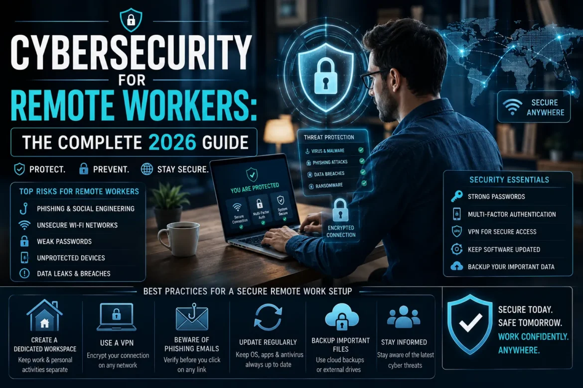 Remote worker using cybersecurity tools including VPN, multi-factor authentication, encrypted connections, and threat protection in 2026