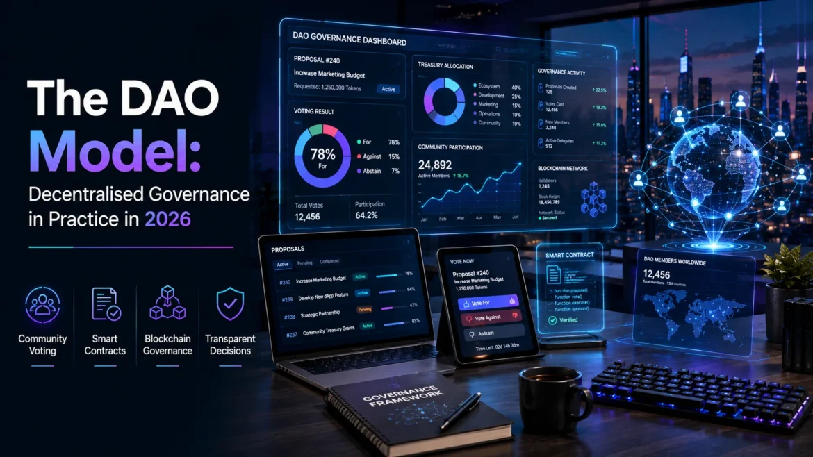 Futuristic DAO governance dashboard showing blockchain voting, smart contracts, and decentralized decision-making in 2026.