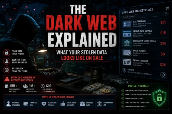 Dark web marketplace showing stolen personal and financial data being sold online.