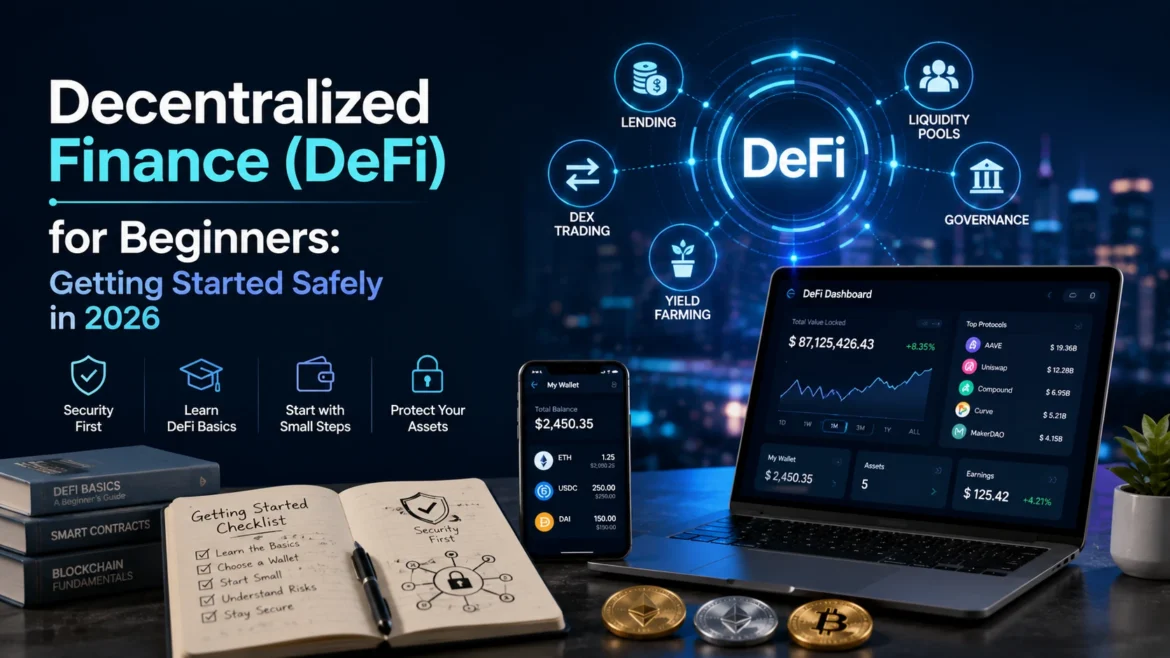 Decentralized Finance (DeFi) for Beginners: Getting Started Safely in 2026 illustrated with a secure DeFi wallet, blockchain network, crypto dashboard, and decentralized finance ecosystem.