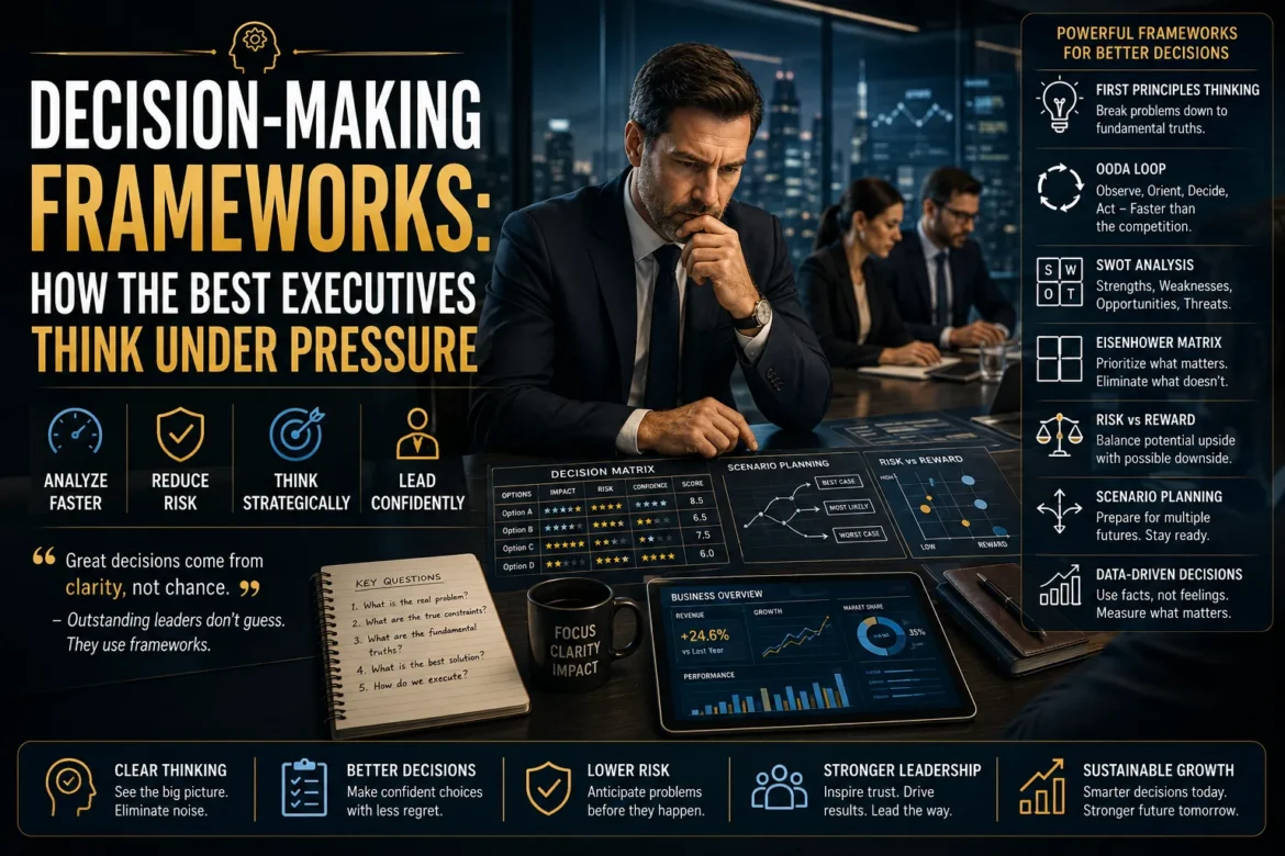 Business executive using strategic decision-making frameworks, analytics dashboards, risk assessment models, and leadership strategies under pressure