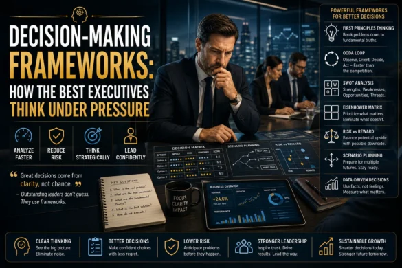 Business executive using strategic decision-making frameworks, analytics dashboards, risk assessment models, and leadership strategies under pressure