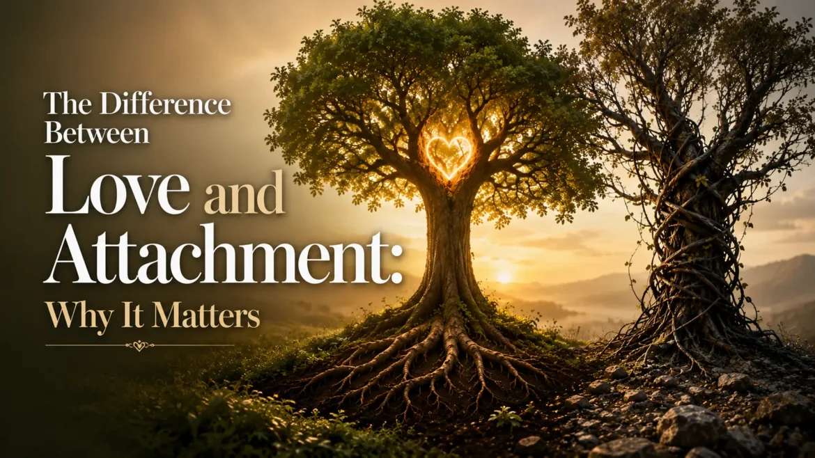 The Difference Between Love and Attachment: Why It Matters illustrated with two symbolic trees representing healthy love and emotional attachment.