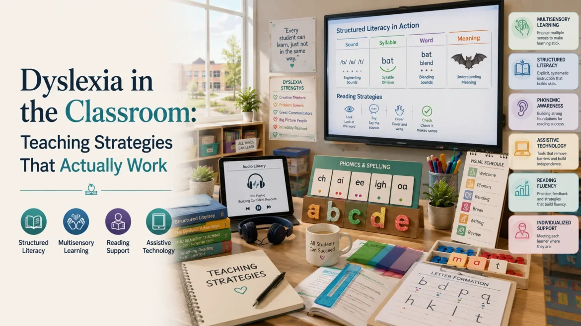 Modern inclusive classroom showcasing dyslexia-friendly teaching strategies, structured literacy, multisensory learning tools, assistive technology, and reading support resources.
