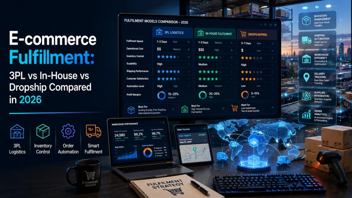 E-commerce fulfilment comparison dashboard showing 3PL, in-house fulfilment, and dropshipping models with AI-powered logistics analytics in 2026.