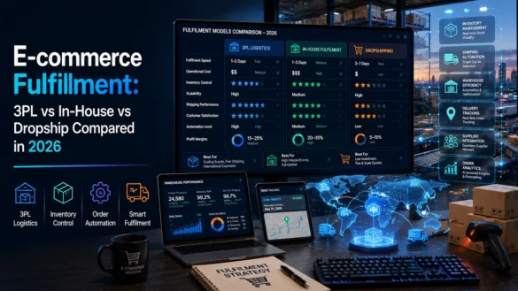 E-commerce fulfilment comparison dashboard showing 3PL, in-house fulfilment, and dropshipping models with AI-powered logistics analytics in 2026.