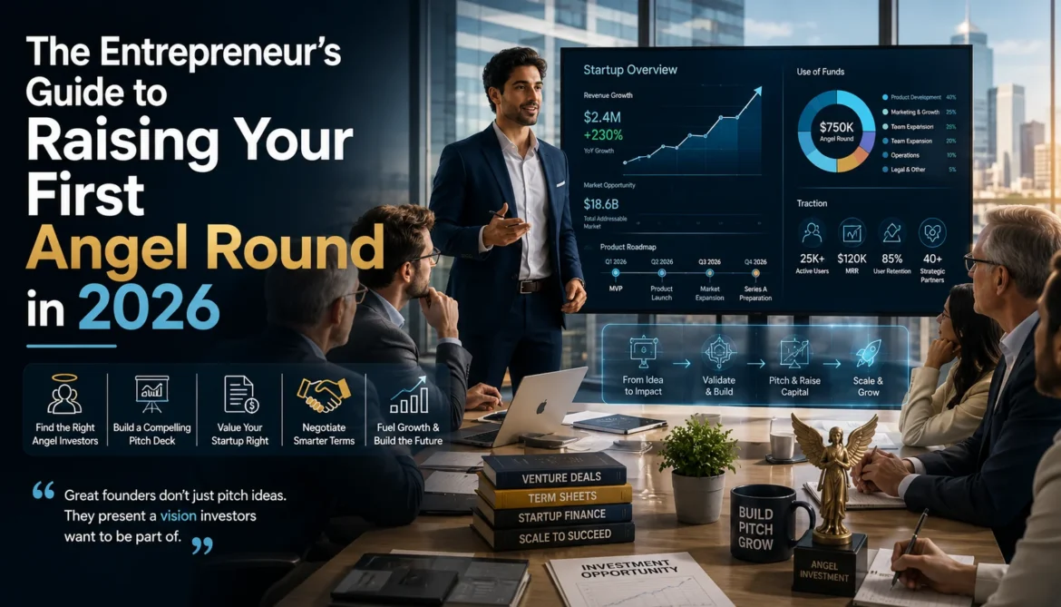 Startup founder presenting a business pitch to angel investors during a fundraising round with growth metrics and investment analytics in 2026