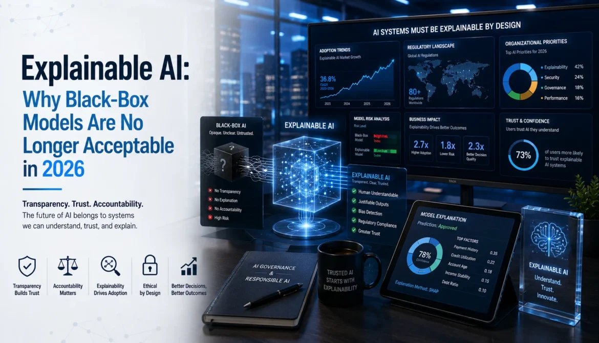 Modern explainable AI dashboard illustrating transparent machine learning, model interpretability, AI governance, and black-box versus explainable AI systems in 2026.