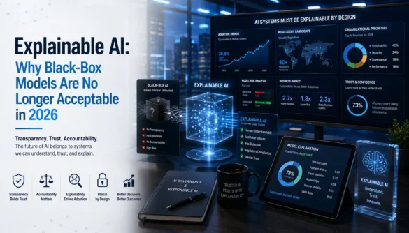 Modern explainable AI dashboard illustrating transparent machine learning, model interpretability, AI governance, and black-box versus explainable AI systems in 2026.