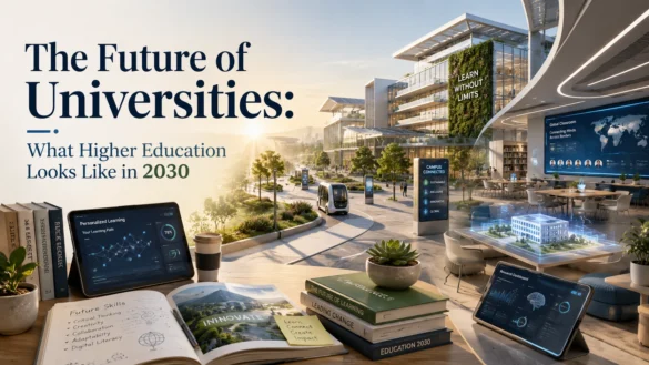 The future of universities in 2030 featuring AI-powered classrooms, smart campus technology, hybrid learning environments, and sustainable higher education.