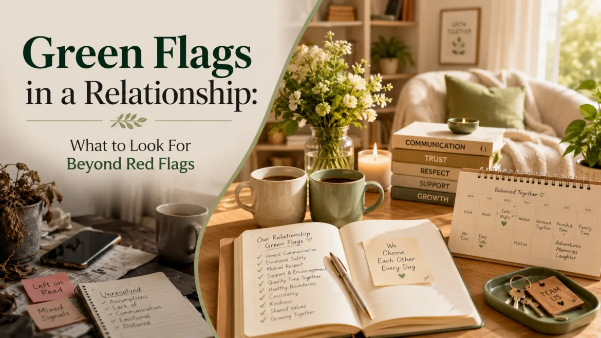 Green flags in a healthy relationship illustrated through a warm, cozy home setting with journals, coffee mugs, flowers, and symbols of trust, communication, and mutual respect.