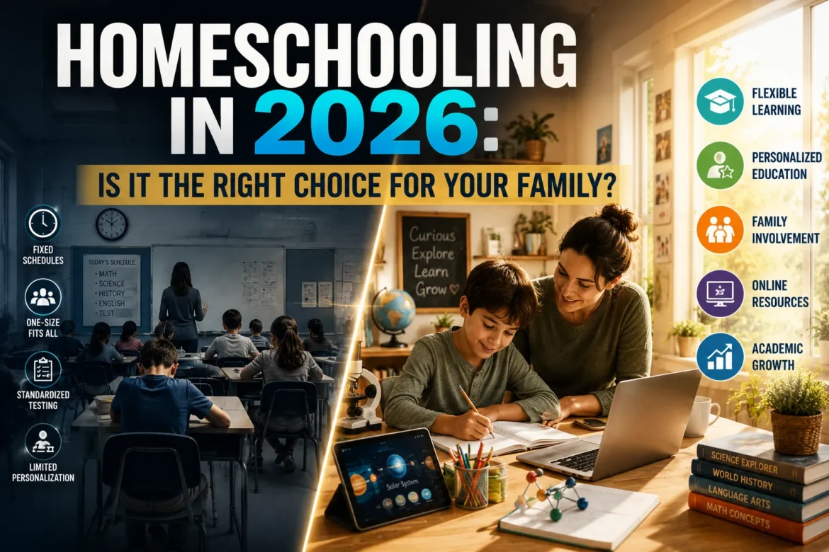 Homeschooling in 2026 compared with traditional schooling showing personalized learning and family-based education.