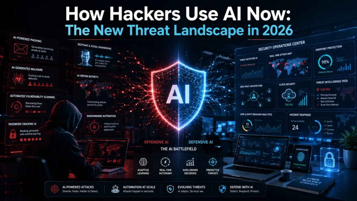 AI-powered cyber threats and defensive security landscape in 2026 showing how hackers use artificial intelligence for modern cyberattacks.