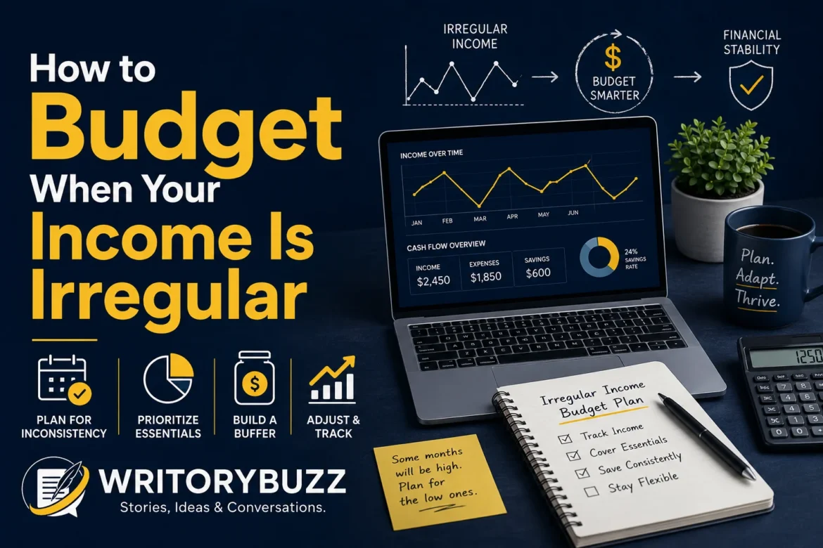 Illustration explaining how to budget effectively when your income is irregular using budgeting strategies, savings, and cash flow planning.