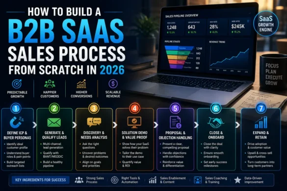 B2B SaaS sales process framework showing lead generation, qualification, demos, proposals, customer onboarding, and revenue growth in 2026
