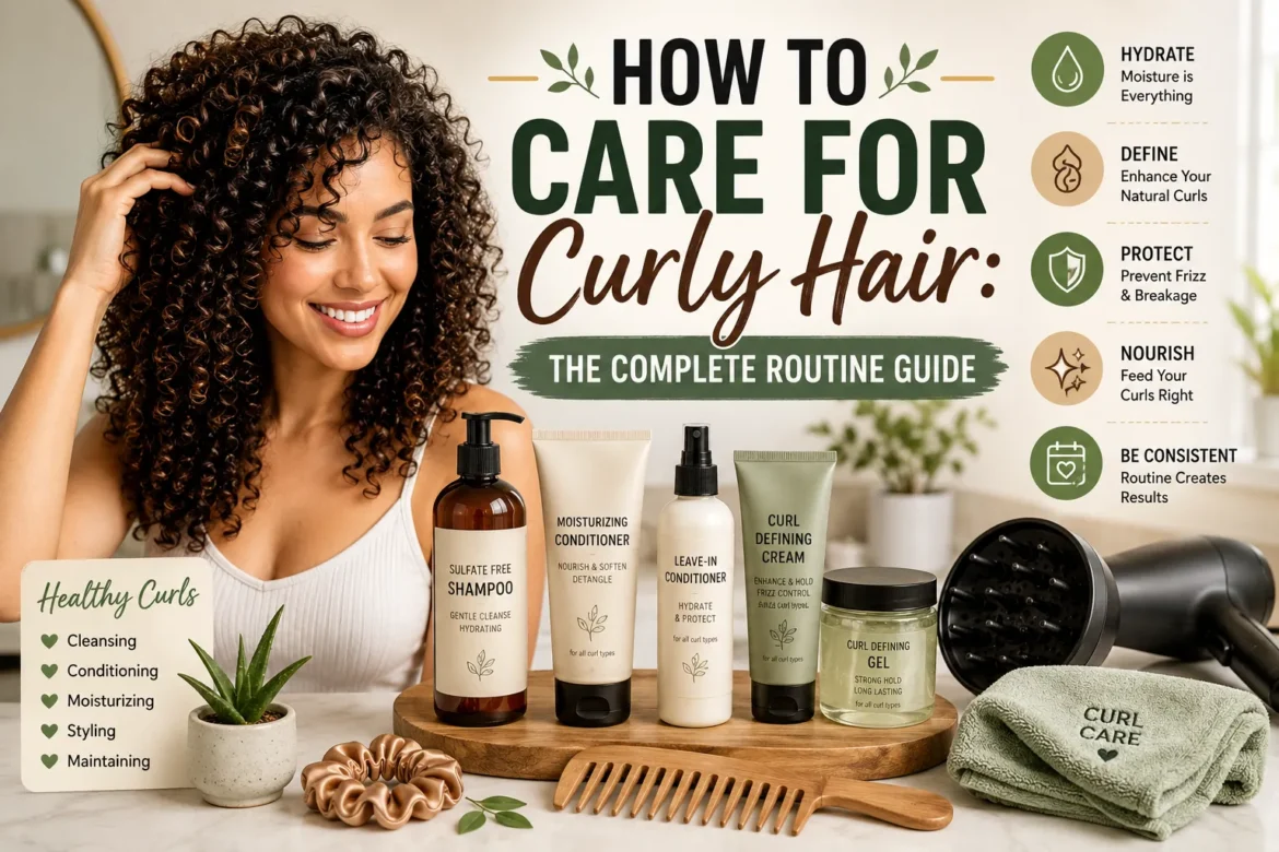 Woman with healthy defined curly hair demonstrating a complete curly hair care routine using moisturizing products, styling tools, and curl-friendly techniques.