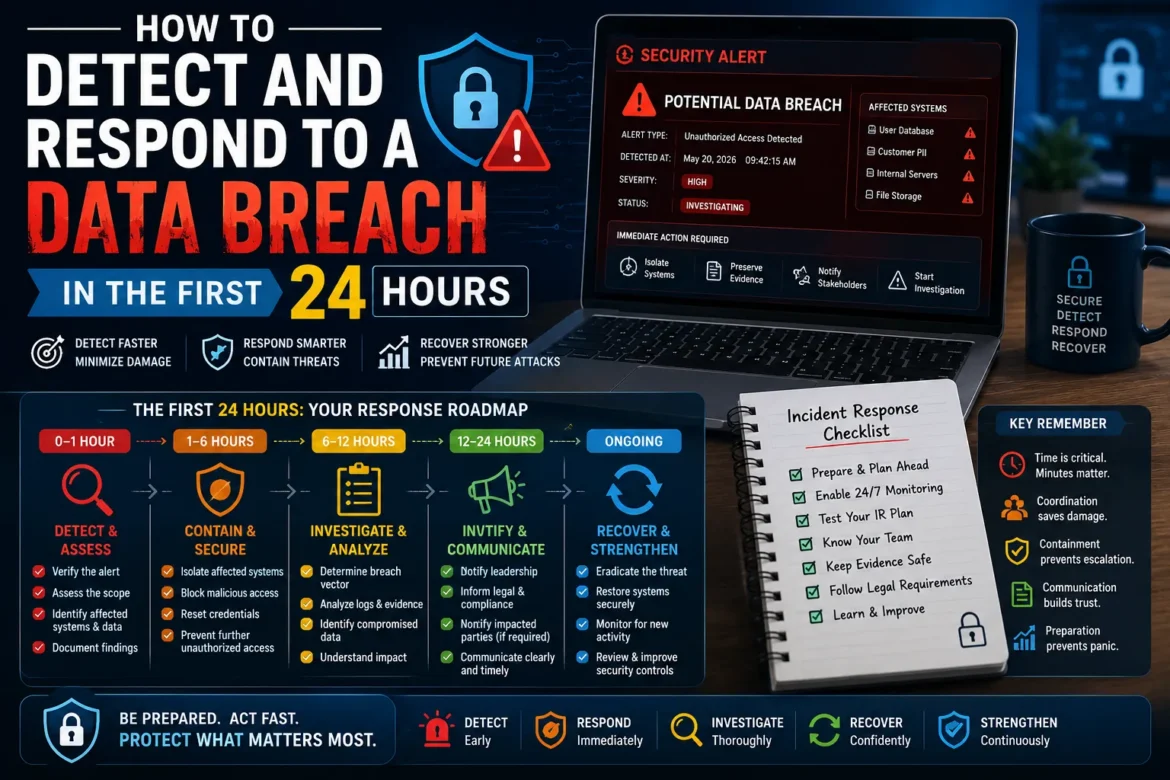 Cybersecurity incident response dashboard showing how to detect and respond to a data breach within the first 24 hours.