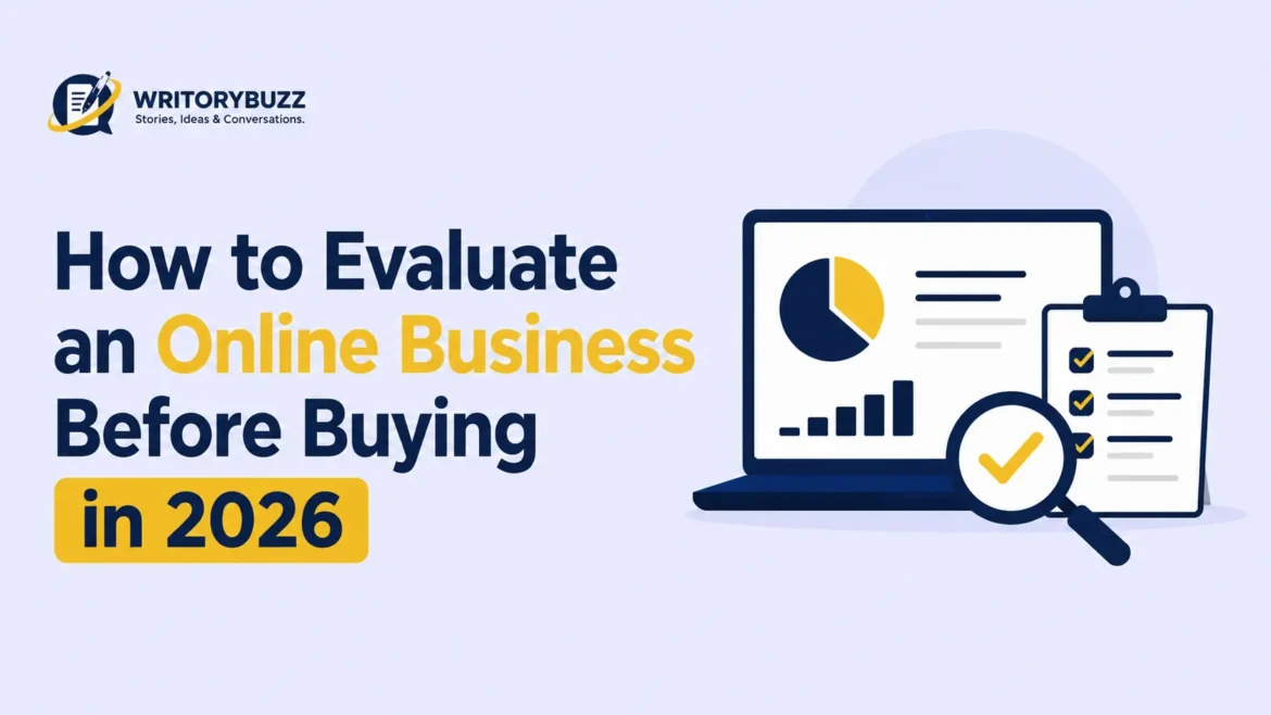 Minimalist illustration showing online business evaluation with analytics dashboard, checklist, and verification process before buying a digital business in 2026