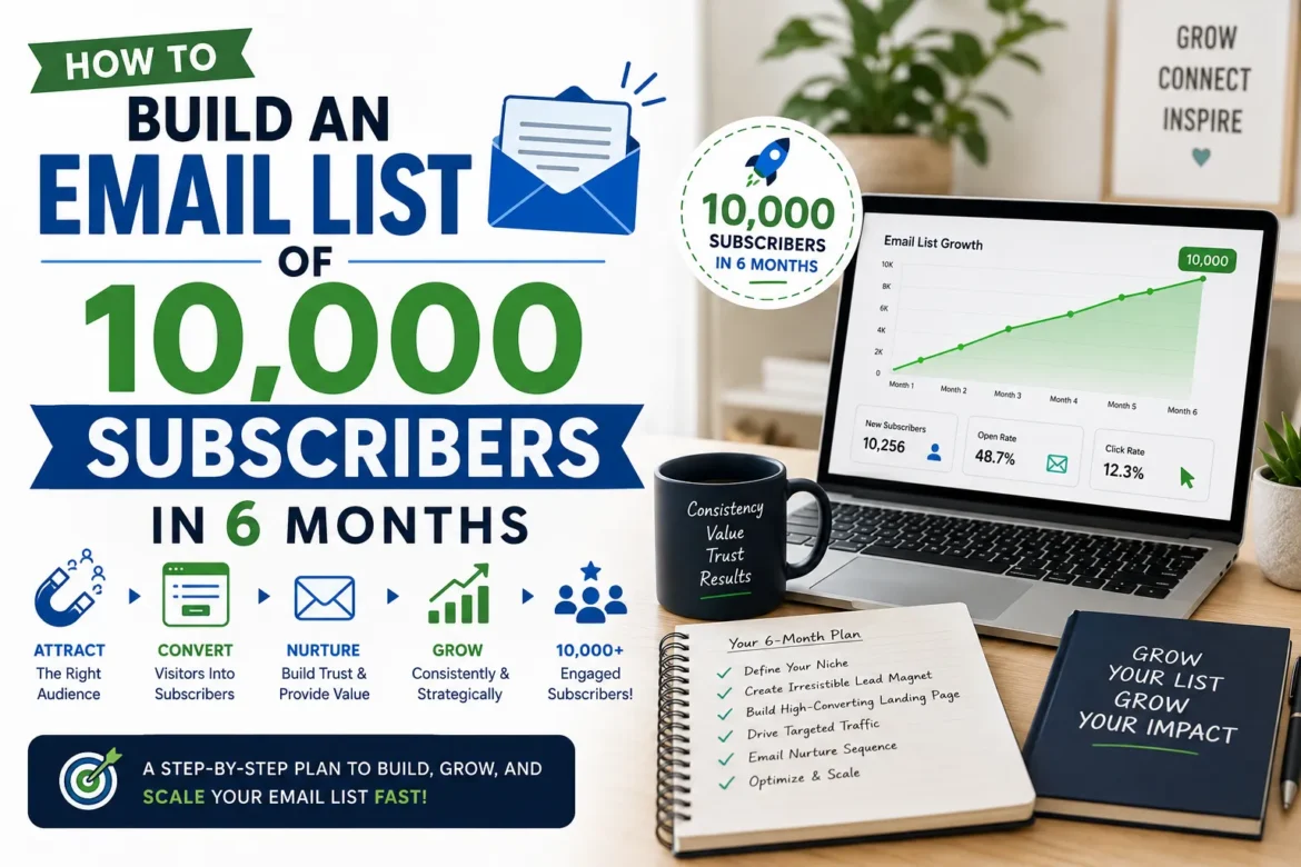 Email marketing dashboard showing strategies to grow an email list to 10,000 subscribers in six months using lead generation and email automation.