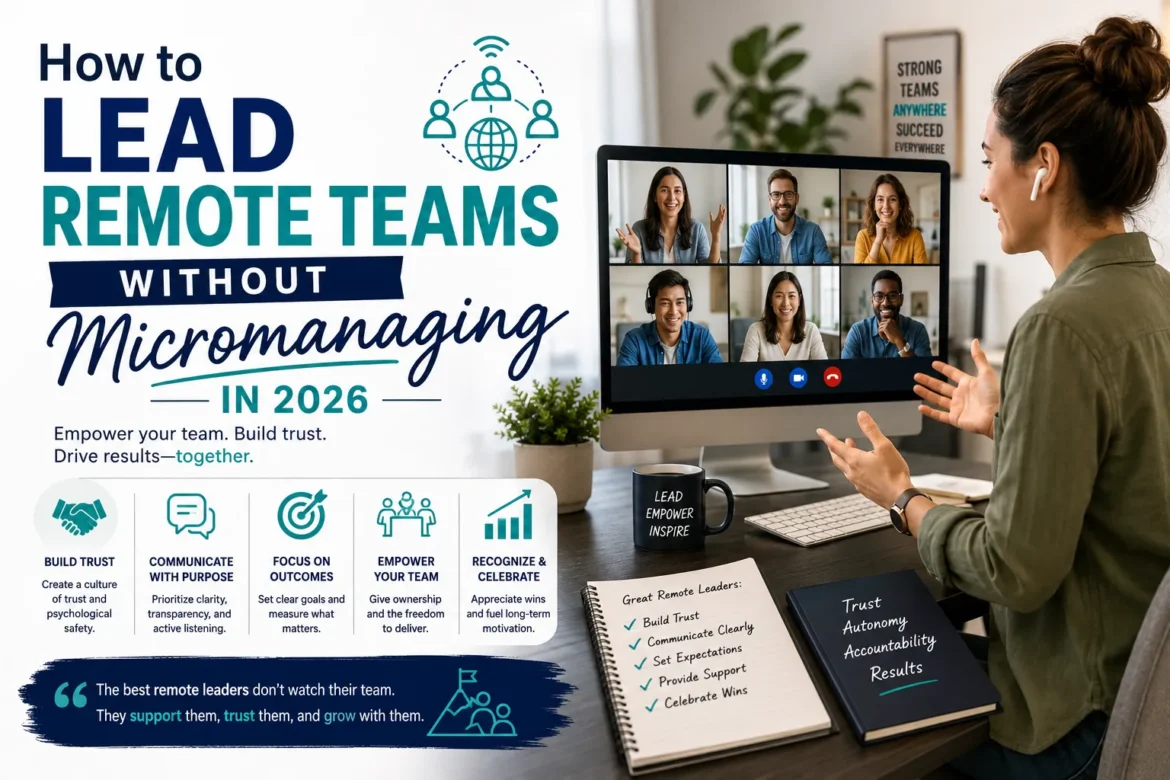 Remote team leader conducting a virtual meeting while managing distributed employees through trust, communication, and collaboration without micromanaging.