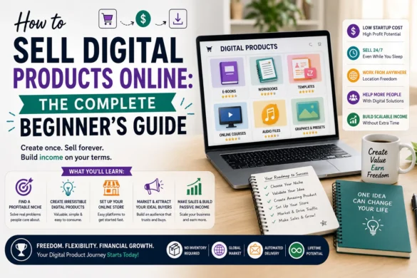 Laptop displaying digital products marketplace with ebooks, templates, online courses, and guides for selling digital products online.