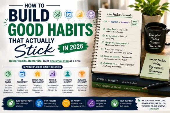 Habit-building planner with daily routine checklist illustrating practical strategies for building good habits that last in 2026.