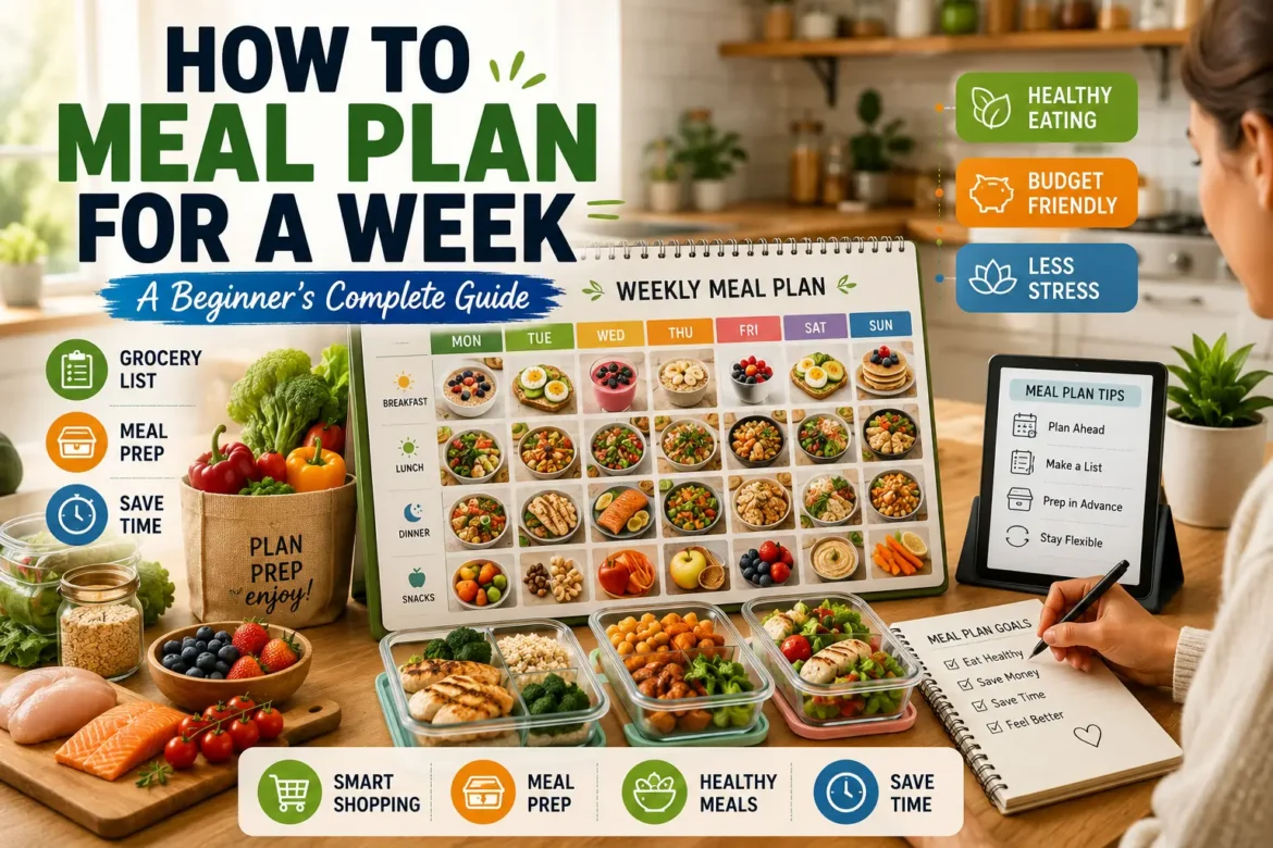 Weekly meal planning setup with healthy meals, grocery list, meal prep containers, and beginner-friendly meal planning guide.
