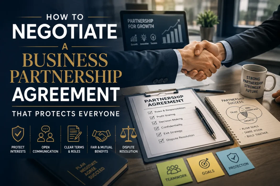 Business professionals negotiating a partnership agreement with legal documents, handshake, and collaboration strategy in a modern office.