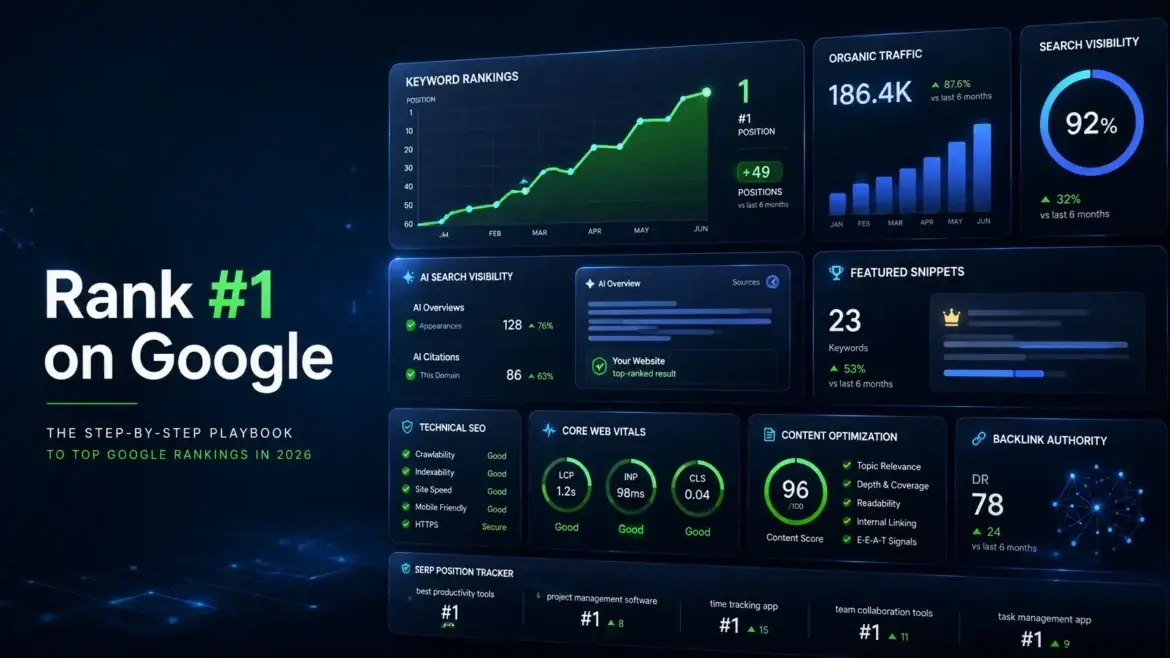 SEO analytics dashboard showing keyword rankings, organic traffic growth, AI search visibility and technical SEO metrics for ranking number one on Google in 2026.
