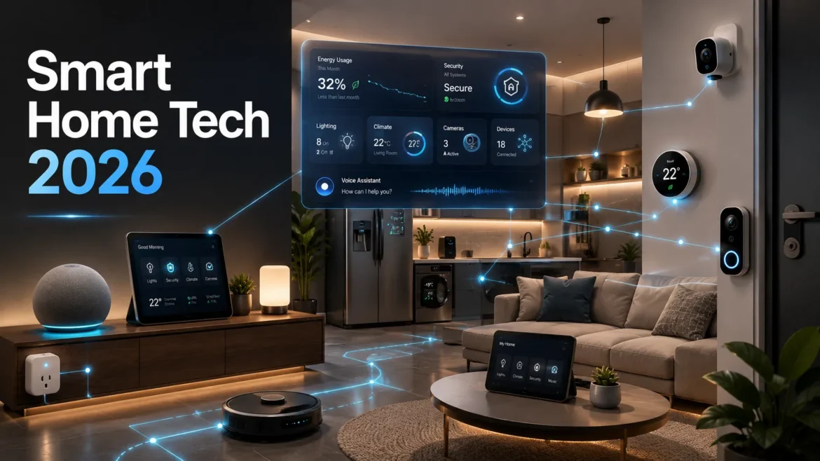 Modern smart home featuring connected devices including smart lighting, security cameras, smart thermostat, robot vacuum, smart display and home automation controls in 2026.