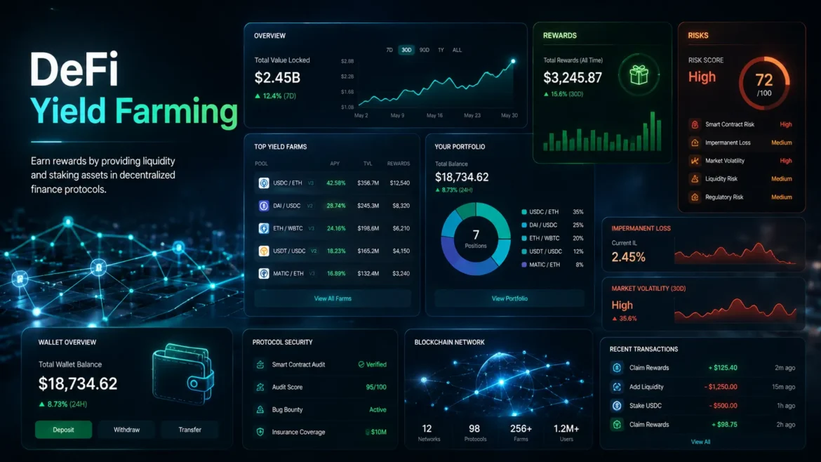 Modern DeFi analytics dashboard displaying yield farming rewards, liquidity pools, APY performance, blockchain network connections and investment risk indicators.