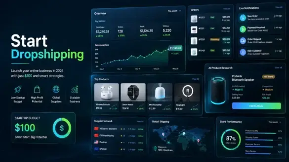 Modern dropshipping dashboard showing product listings, sales analytics, supplier connections, global shipping network and a $100 startup budget for launching an ecommerce business in 2026.