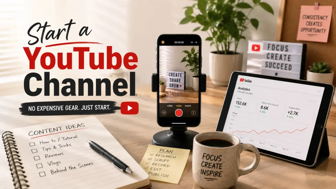 Smartphone content creation setup showing how to start a profitable YouTube channel without expensive equipment