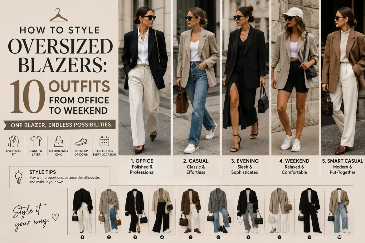 Oversized blazer outfit ideas featuring office, casual, weekend, and smart casual fashion inspiration for women.