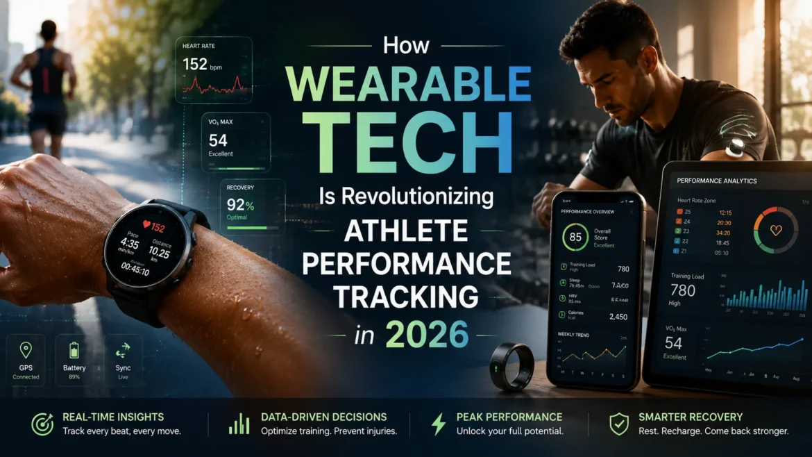 Wearable fitness technology tracking athlete performance metrics including heart rate, recovery, GPS, and training analytics in 2026.