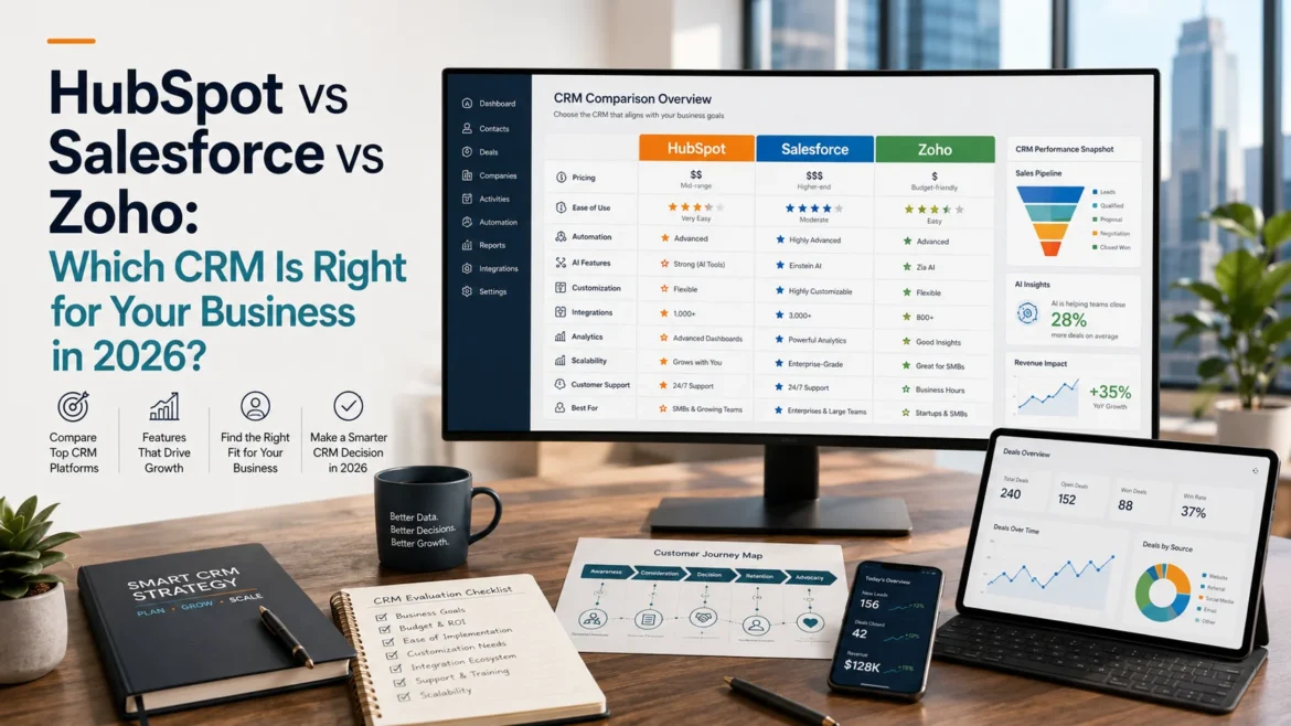 HubSpot vs Salesforce vs Zoho CRM comparison dashboard helping businesses choose the best CRM software in 2026.