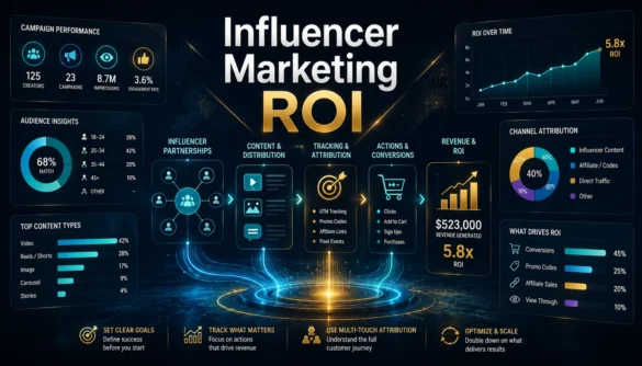 Influencer marketing analytics dashboard showing campaign ROI attribution tracking conversions and performance measurement