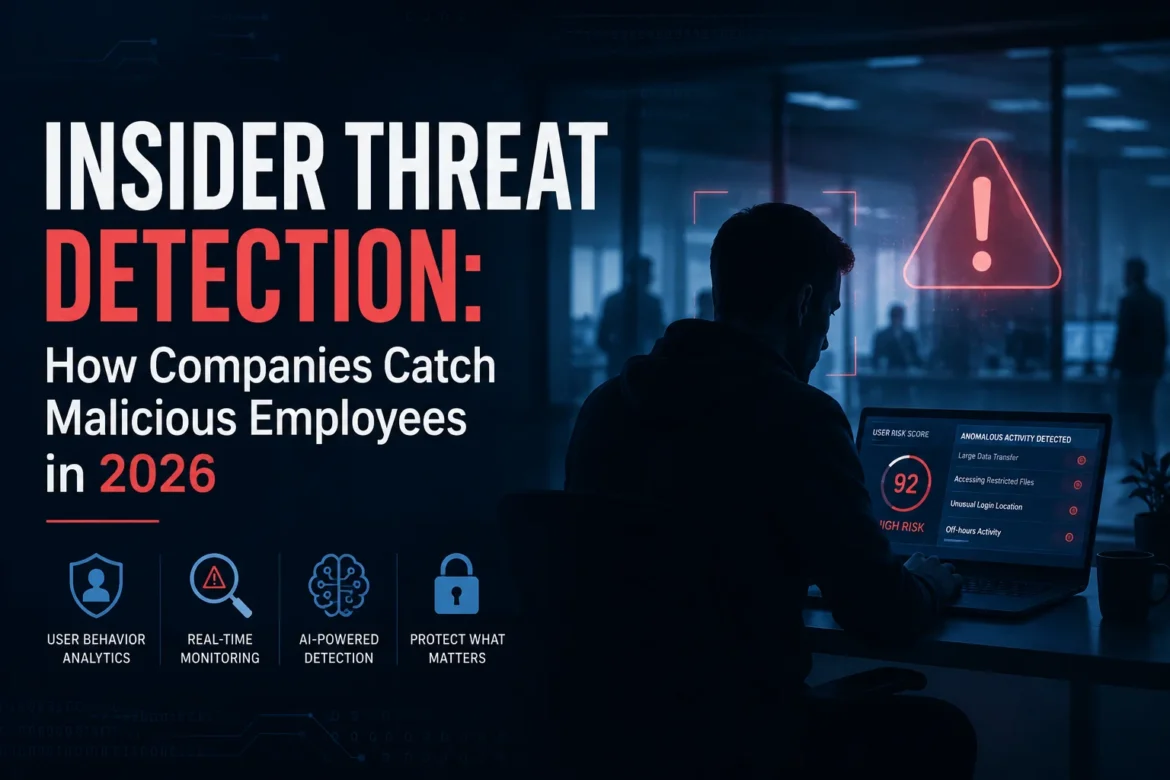 Insider threat detection dashboard monitoring malicious employee activity in a corporate environment