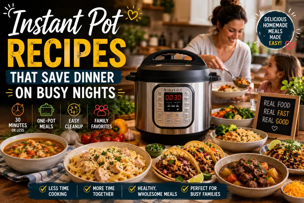 Instant Pot surrounded by quick family dinner recipes including pasta, soup, tacos, and healthy one-pot meals for busy weeknights